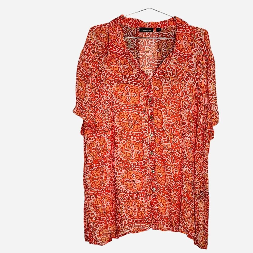 Avenue Plus Size 18/20 Orange Paisley Floral Sheer Button Down Blouse